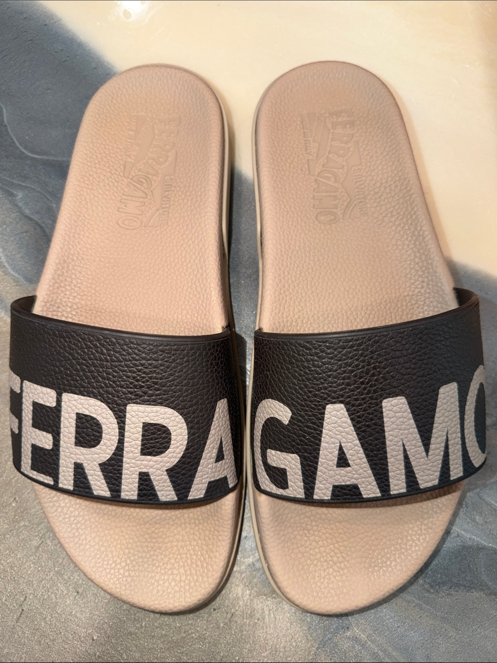 Salvatore Ferragamo Black and Beige Logo Slide Sandals
